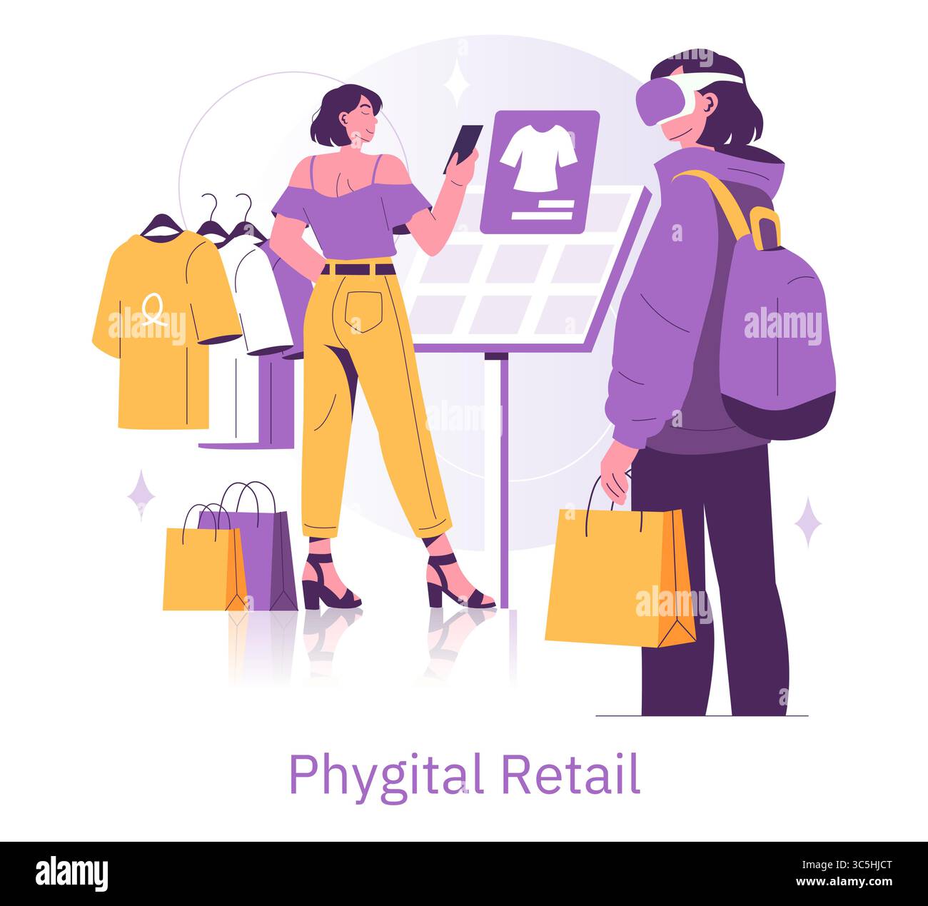 Vektor-Illustration eines Phygital-Einzelhandels, bei dem eine Person ein Smartphone zum Einkaufen verwendet, während eine andere Person ein Virtual-Reality-Headset verwendet, um Bekleidungsoptionen in einem Geschäft anzuzeigen. Stock Vektor