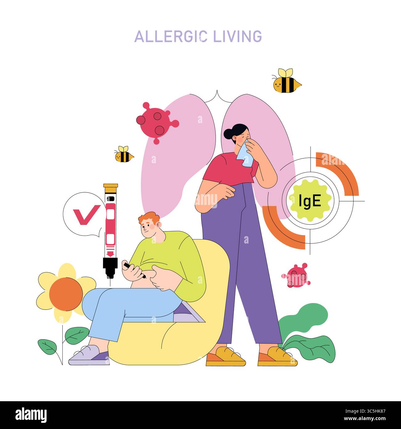 Bunte Vektorillustration, die eine allergische Reaktion darstellt. Eine Person verwendet einen Inhalator und eine andere Person hält einen EpiPen. Umgebende Elemente sind Pollen, Bienen und Lungen. Stock Vektor