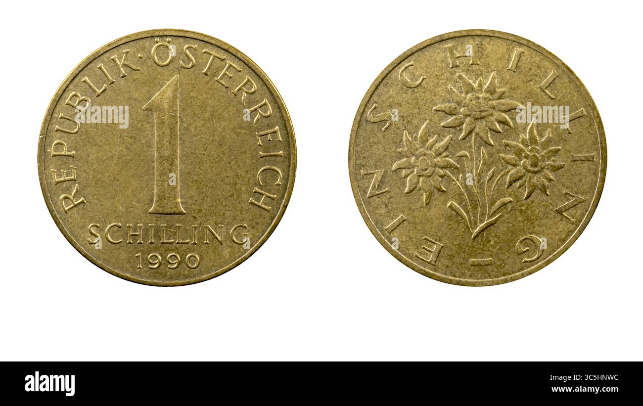 Authentisch Österreichische 1 Schilling Münze Jahr 1990 Vorderseite und Rückseite Seite auf weißem Hintergrund Stockfoto