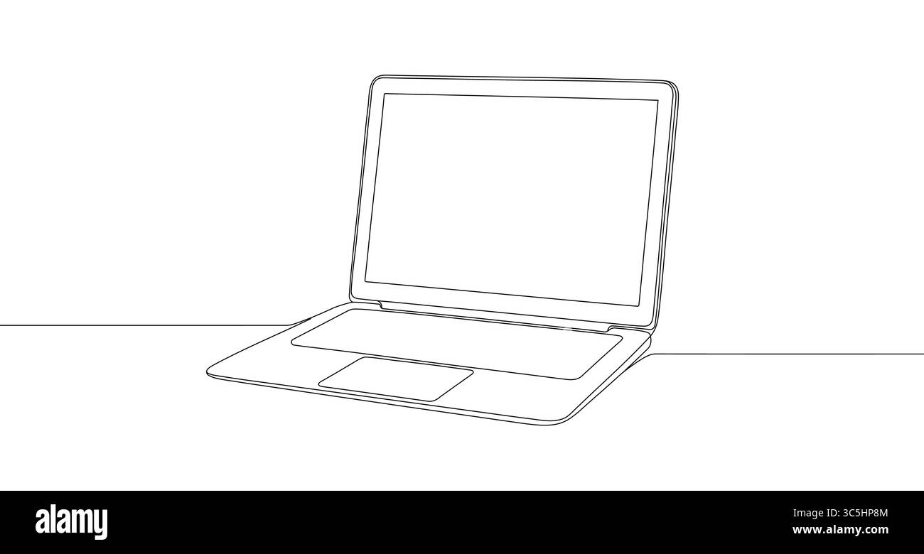 Schwarzes Notebook im einzeiligen Art-Stil. Laptopzeichnung mit bearbeitbarer Kontur auf weißem Hintergrund. Vektorabbildung. Stock Vektor