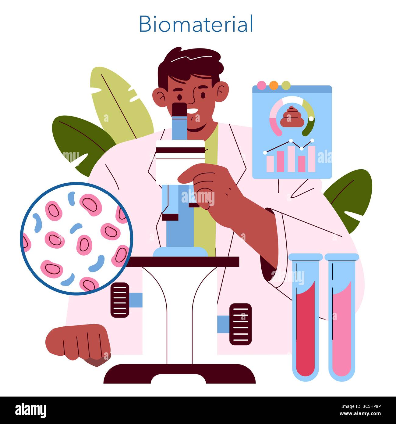 Wissenschaftler untersuchen Biomaterialien mit einem Mikroskop und konzentrieren sich dabei auf Zellmuster. Diagramme und Reagenzgläser bieten eine Datenanalyse, die die wissenschaftliche Forschung in einem Labor hervorhebt. Vektorabbildung. Stock Vektor