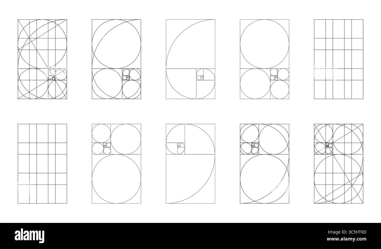 Golden Ratio Vorlage großes Set. Methode Goldschnitt Proben. Fibonacci Array, Zahlen Formen. Harmony Proportionen, schwarze Rahmen. Konturgrafik dünn Stock Vektor