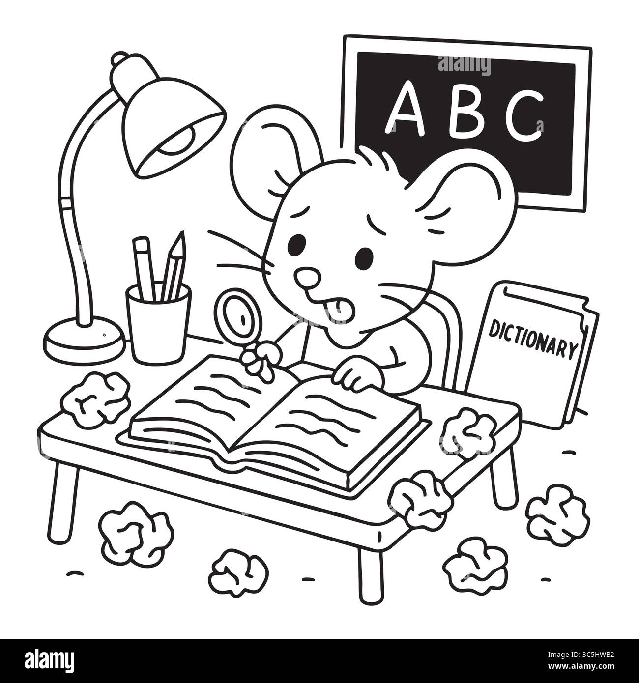 Maus lernt ABC mit Wörterbuch und Lupe. Stock Vektor