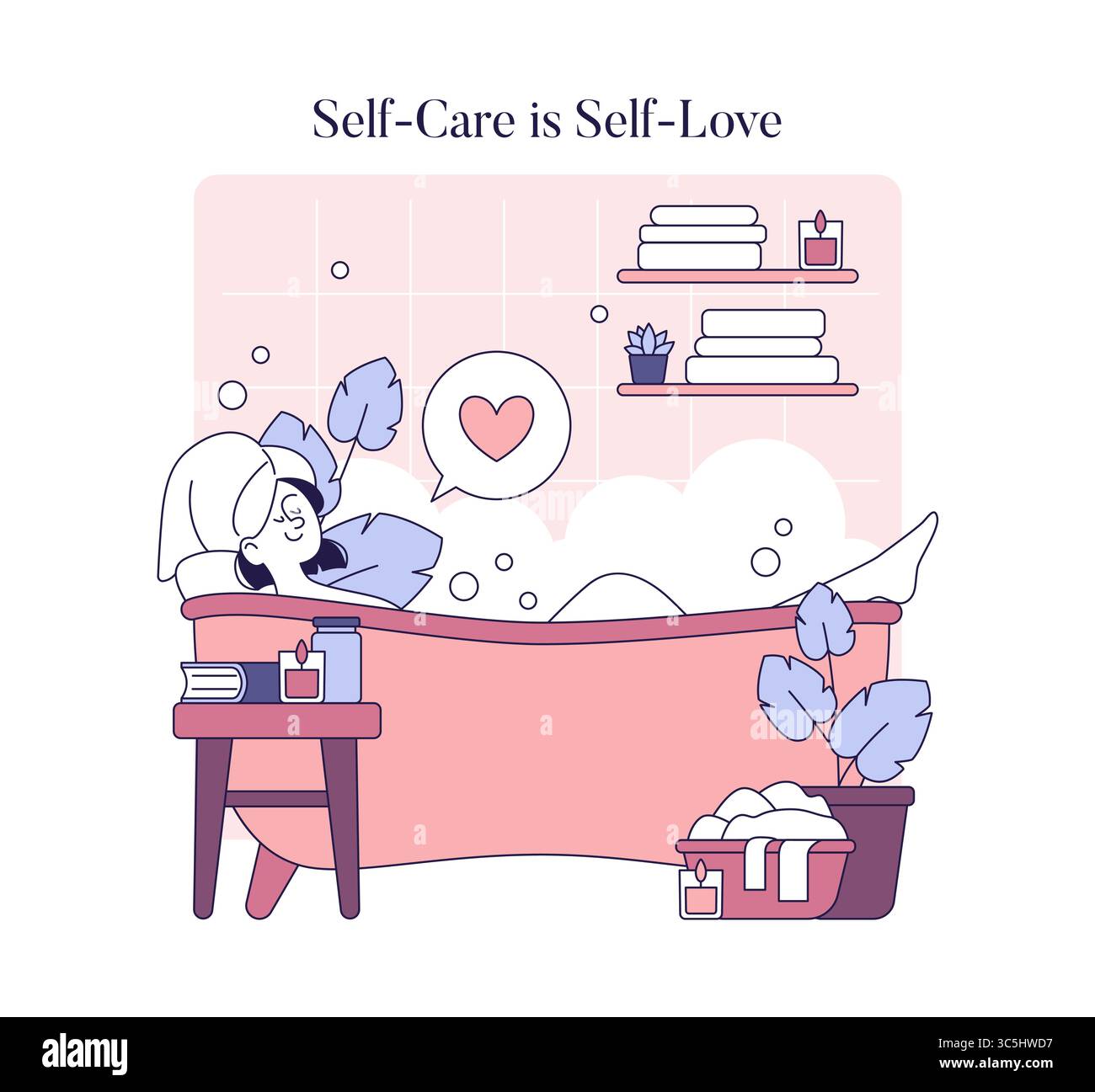 Illustration zum Thema Selbstpflege, die eine ruhige Badeszene mit einer Frau zeigt, die sich entspannt und ihre Selbstpflegeroutine genießt. Stock Vektor