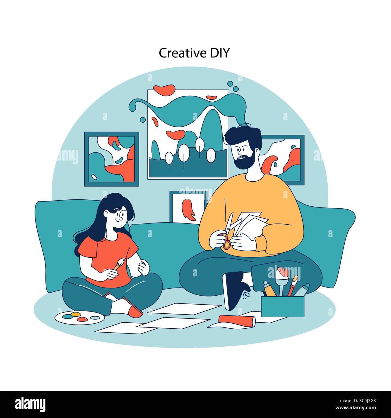 Familie verbindet sich durch Kunsthandwerk in Innenräumen; Vater und Tochter lieben es, gemeinsam Kunstprojekte zu Hause in gemütlicher Umgebung zu kreieren. Stock Vektor
