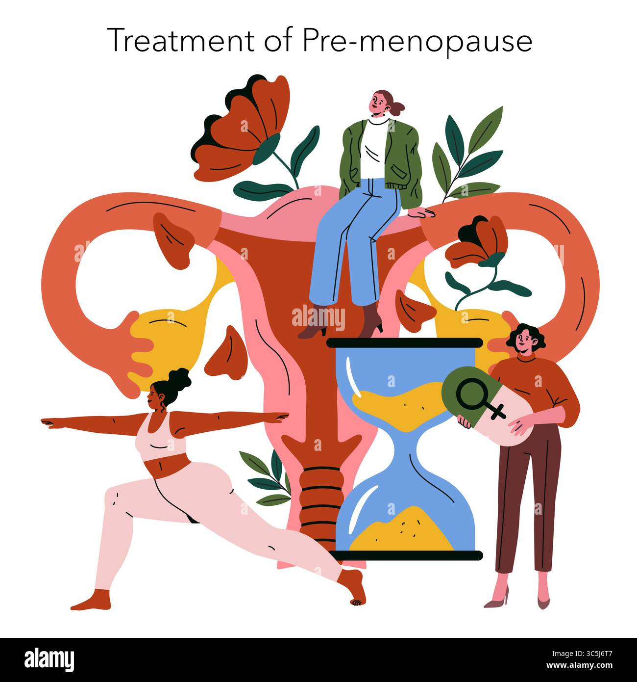 Vektorillustration vor der Menopause, die Frauen zeigt, die verschiedene Aktivitäten für die Behandlung ausüben. Das Bild enthält Elemente, die Gesundheit, Hormonhaushalt und Wellness symbolisieren. Stock Vektor