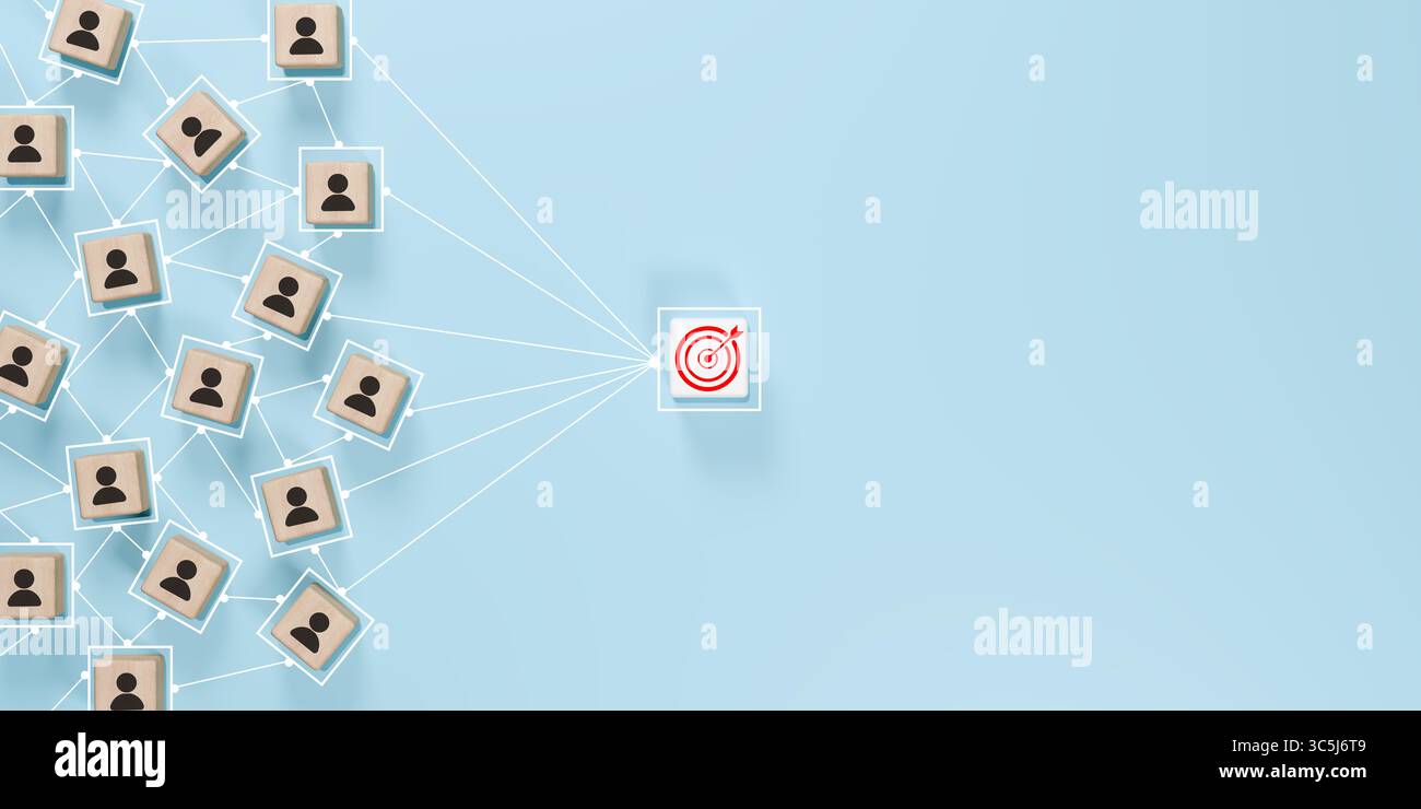Ein Netzwerk von Menschen auf Holzblöcken, die durch Linien mit einem zentralen Ziel verbunden sind, symbolisieren Teamarbeit, vereinheitlichte Ziele, Kundenbindung und Geschäfte Stockfoto