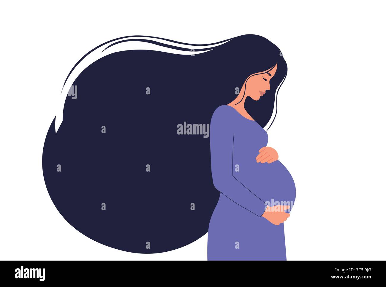 Glückliche schwangere Frau mit langen Haaren hält ihre Bauchvektor-Illustration. Stock Vektor
