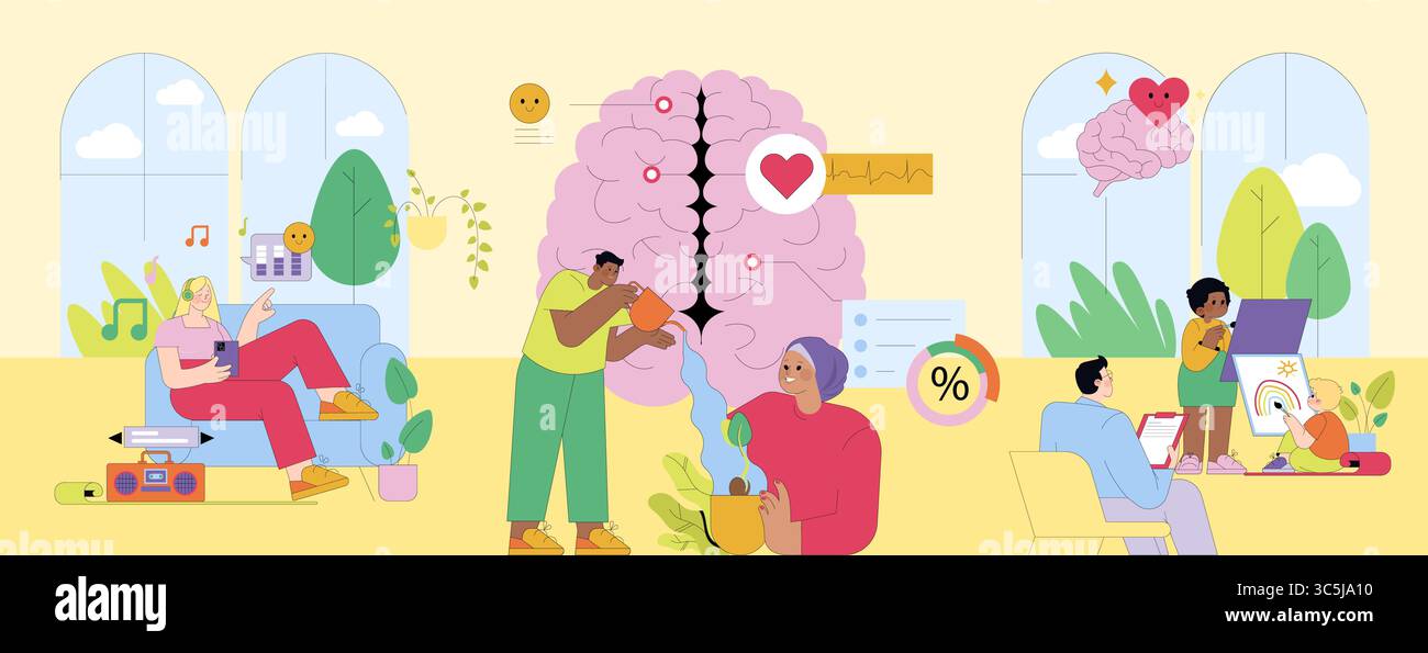 Vektor-Illustration, die verschiedene gemeinsame Aktivitäten für mentales Wohlbefinden und Kreativität darstellt. Die Menschen hören Musik, malen und pflegen Pflanzen und fördern so die Gesundheit des Gehirns. Stock Vektor