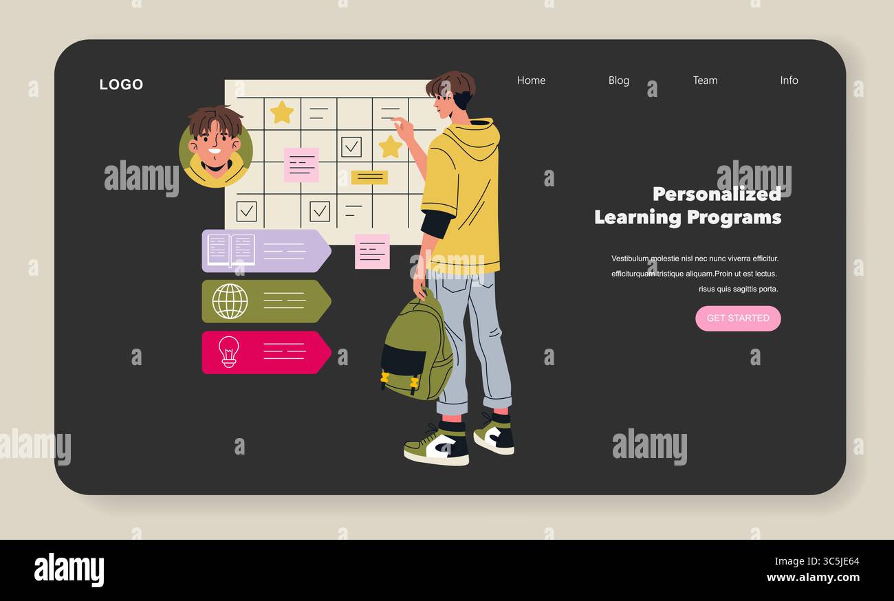 Vektorabbildung, die einen Schüler zeigt, der eine personalisierte Benutzeroberfläche eines Lernprogramms analysiert. Mit Checkliste, Pfeilen und einem Lernthema, das sich ideal für e-Learning-Konzepte eignet. Stock Vektor