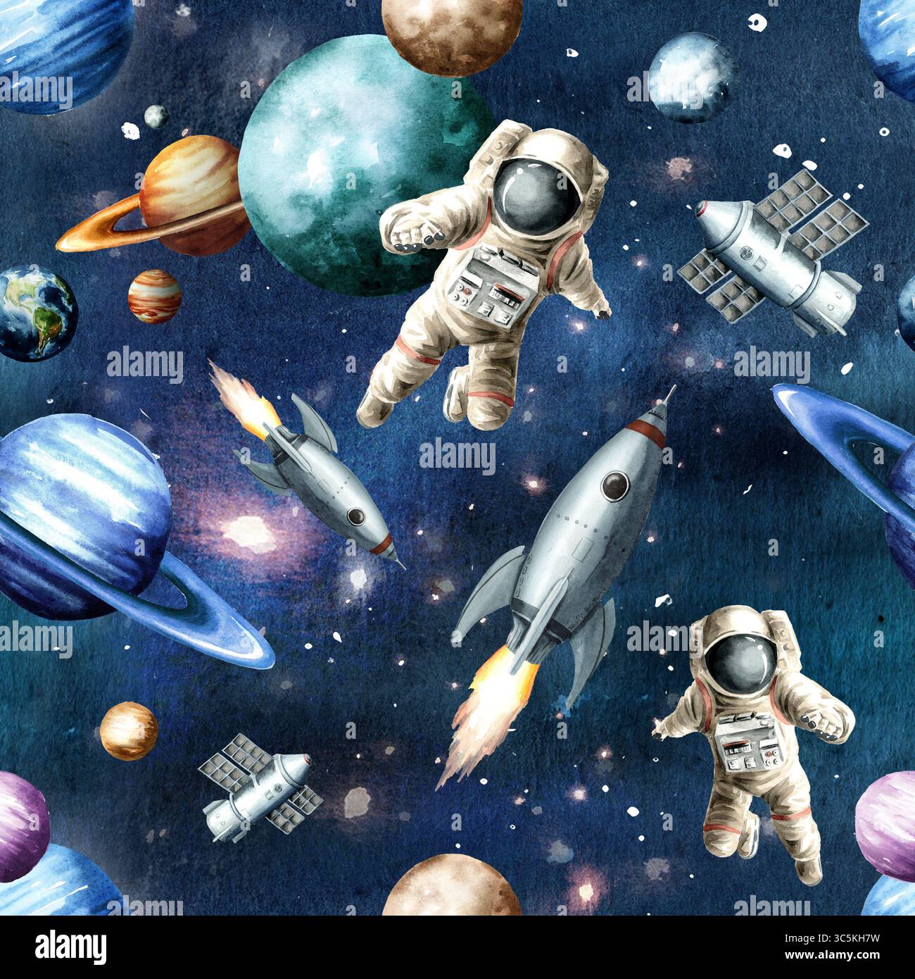 Kosmisches nahtloses Muster, handgezeichnete Aquarellillustration Stockfoto