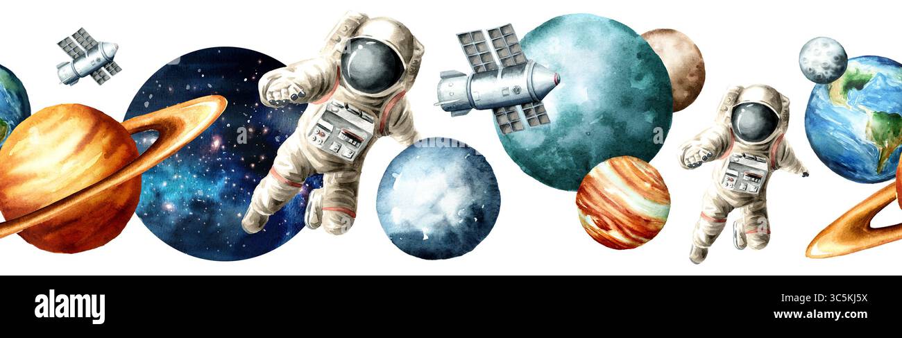 Nahtloser Musterrand des kosmischen Raums. Handgezeichnete Aquarellillustration Stockfoto