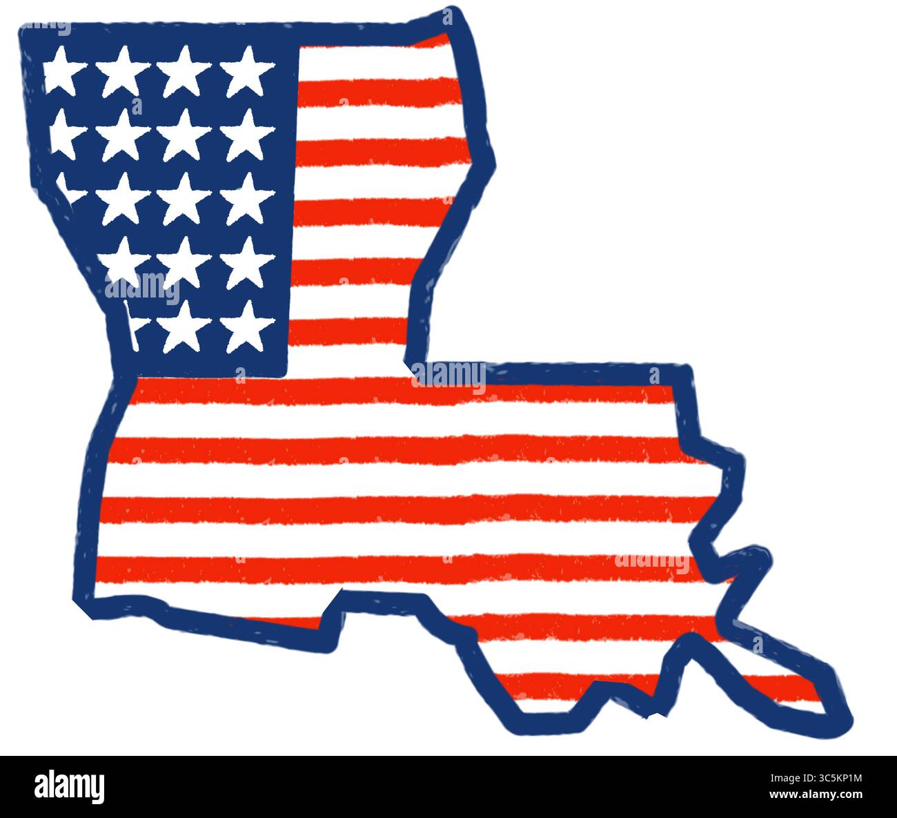 Vektorkarte des Bundesstaates Louisiana mit New Orleans – flache Darstellung des US-Bundesstaates, ideal für Infografiken, Bildung, Reiseinhalte, Web, oder kreativ Stockfoto