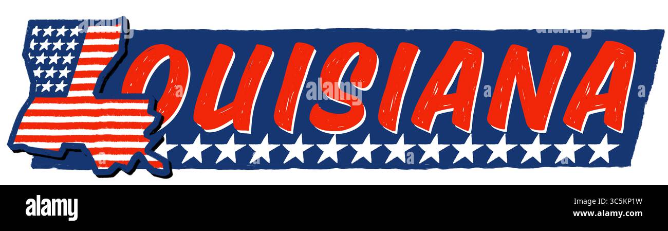 Vektorkarte des Bundesstaates Louisiana mit New Orleans – flache Darstellung des US-Bundesstaates, ideal für Infografiken, Bildung, Reiseinhalte, Web, oder kreativ Stockfoto