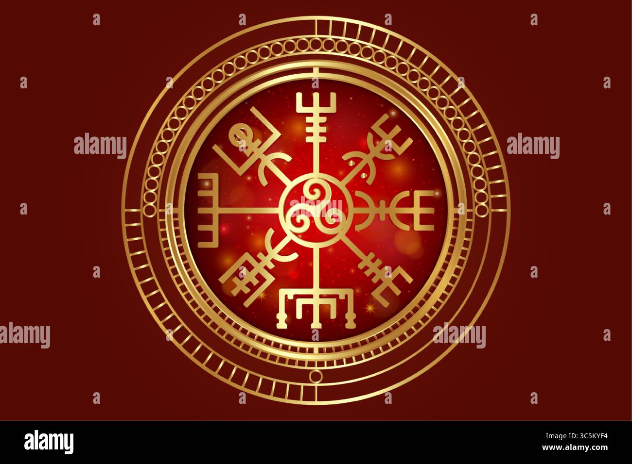 Goldener Vegvisir, alter Navigationskompass und Triskele, handgezeichnetes magisches keltisches Zeichen. Die Wikinger verwendeten viele Symbole in Übereinstimmung mit der nordischen Mythologie Stock Vektor