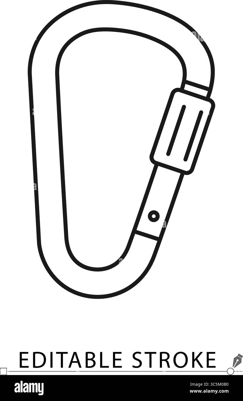 Ein Karabiner-Symbol im minimalistischen Stil mit bearbeitbarem Strich. Kletterausrüstung, Bergsteiger, Outdoor-Ausrüstung, Extremsportelement, Metallhaken Stock Vektor