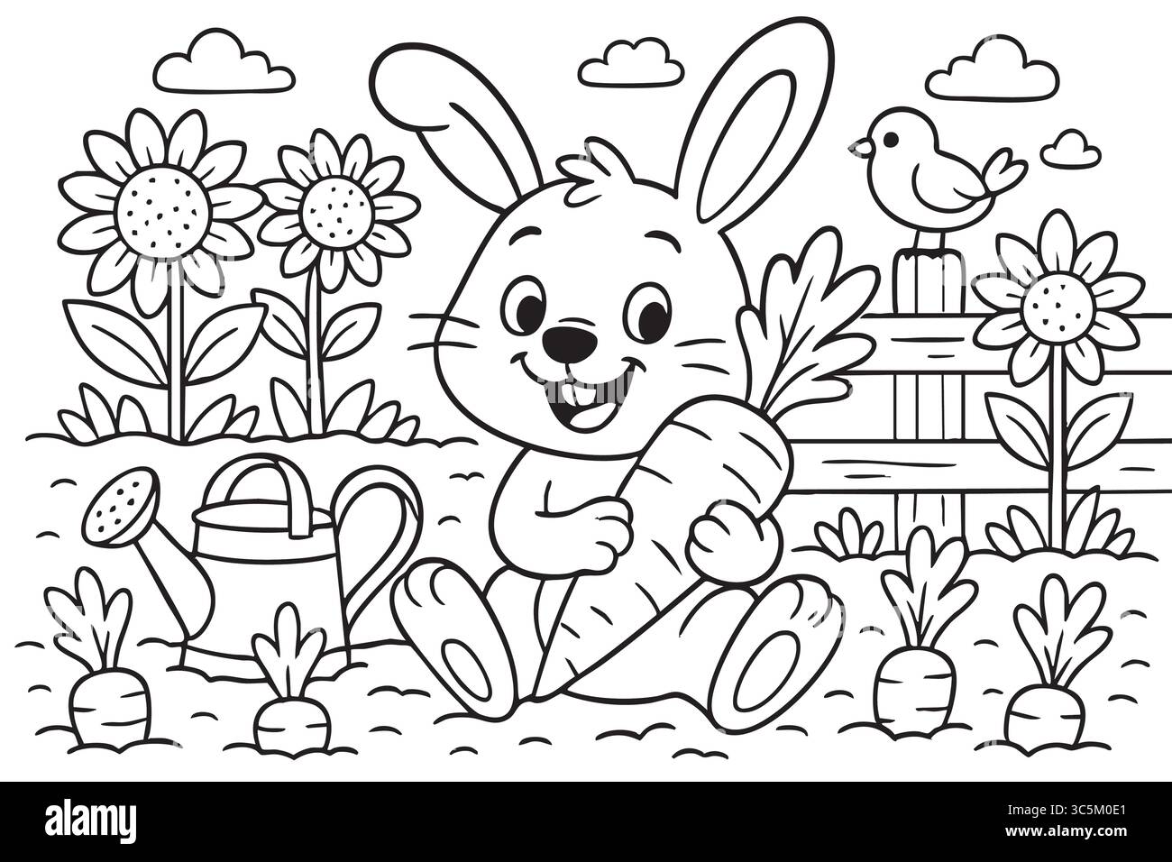 Ausmalseite für Kinder mit schwarzer Umrandung eines Hasen, der Karotten in Gartenszene mit Blumen und Vogel hält. Stock Vektor