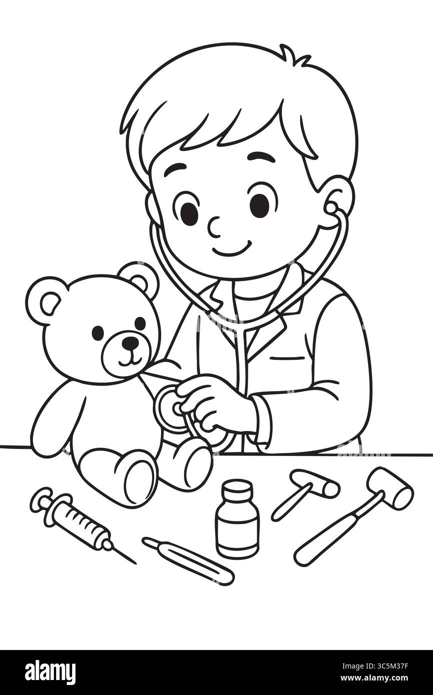 Schwarze Umrissmalseite des Kinderdoktors mit Spielzeugbären und medizinischen Werkzeugen, isoliert auf weißem Hintergrund. Vorstellung der Kinderaktivität, Imaginati Stock Vektor
