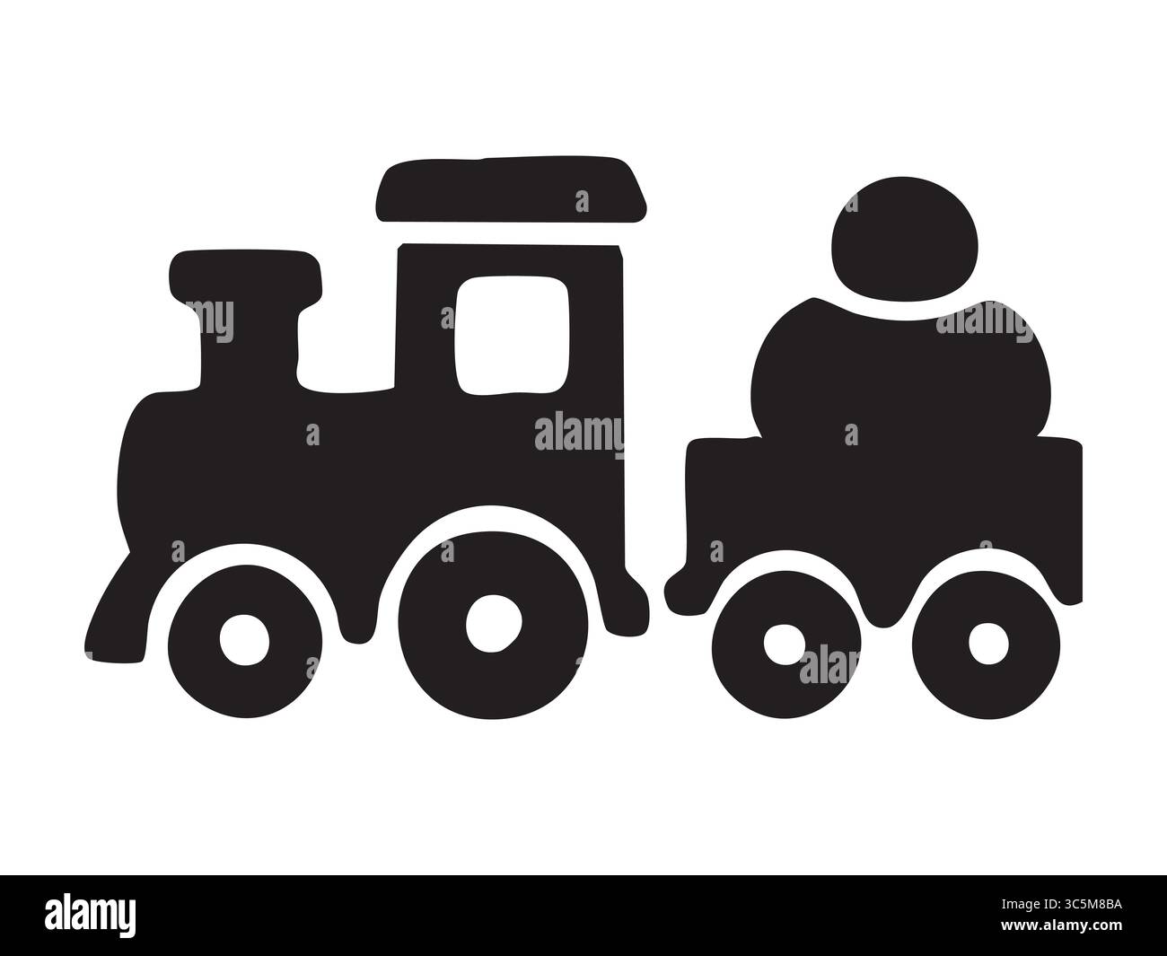 Schwarze Silhouette der Spielzeugbahn isoliert auf weißem Hintergrund, grafische Illustration. Verkehrskonzept, Kinderspiel, Kinderfigur, Lokomotive des Stock Vektor