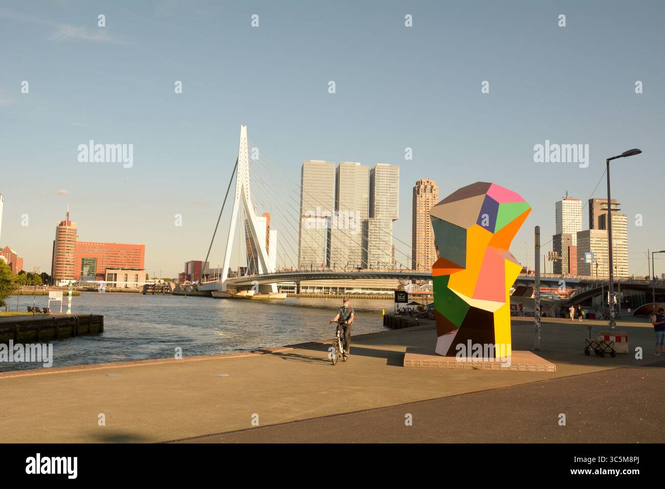 Ein Radfahrer kommt an der Marathonbeeld-Skulptur von Henk Visch vorbei, die sich an der Erasmusbrug-Brücke in Rotterdam, Niederlande, befindet Stockfoto Ein Radfahrer kommt an der Marathonbeeld-Skulptur von Henk Visch vorbei, die sich an der Erasmusbrug-Brücke in Rotterdam, Niederlande, befindet Stockfoto
