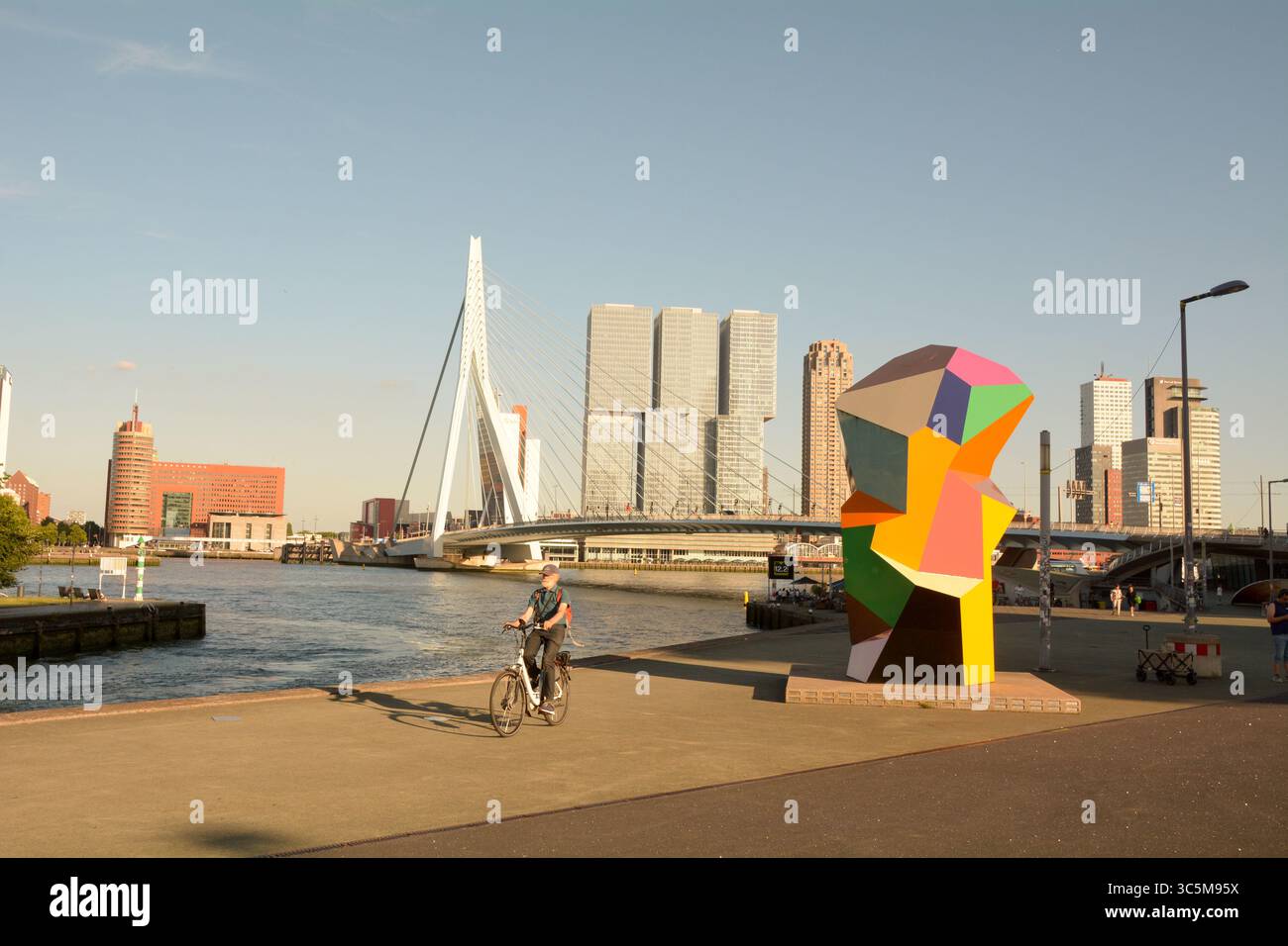 Ein Radfahrer kommt an der Marathonbeeld-Skulptur von Henk Visch vorbei, die sich an der Erasmusbrug-Brücke in Rotterdam, Niederlande, befindet Stockfoto Ein Radfahrer kommt an der Marathonbeeld-Skulptur von Henk Visch vorbei, die sich an der Erasmusbrug-Brücke in Rotterdam, Niederlande, befindet Stockfoto