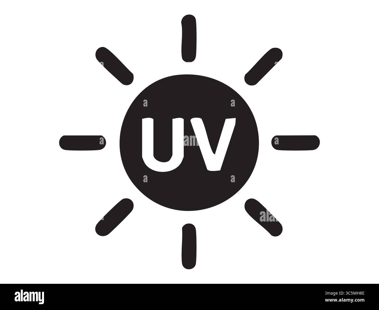 Schwarze Silhouette uv-Sonnensymbol isoliert auf weißem Hintergrund. Konzept für Wetter, Ultraviolett, Sonnenlicht, Sicherheit, Sonnenschutz, Designelement, Symbol, Stock Vektor