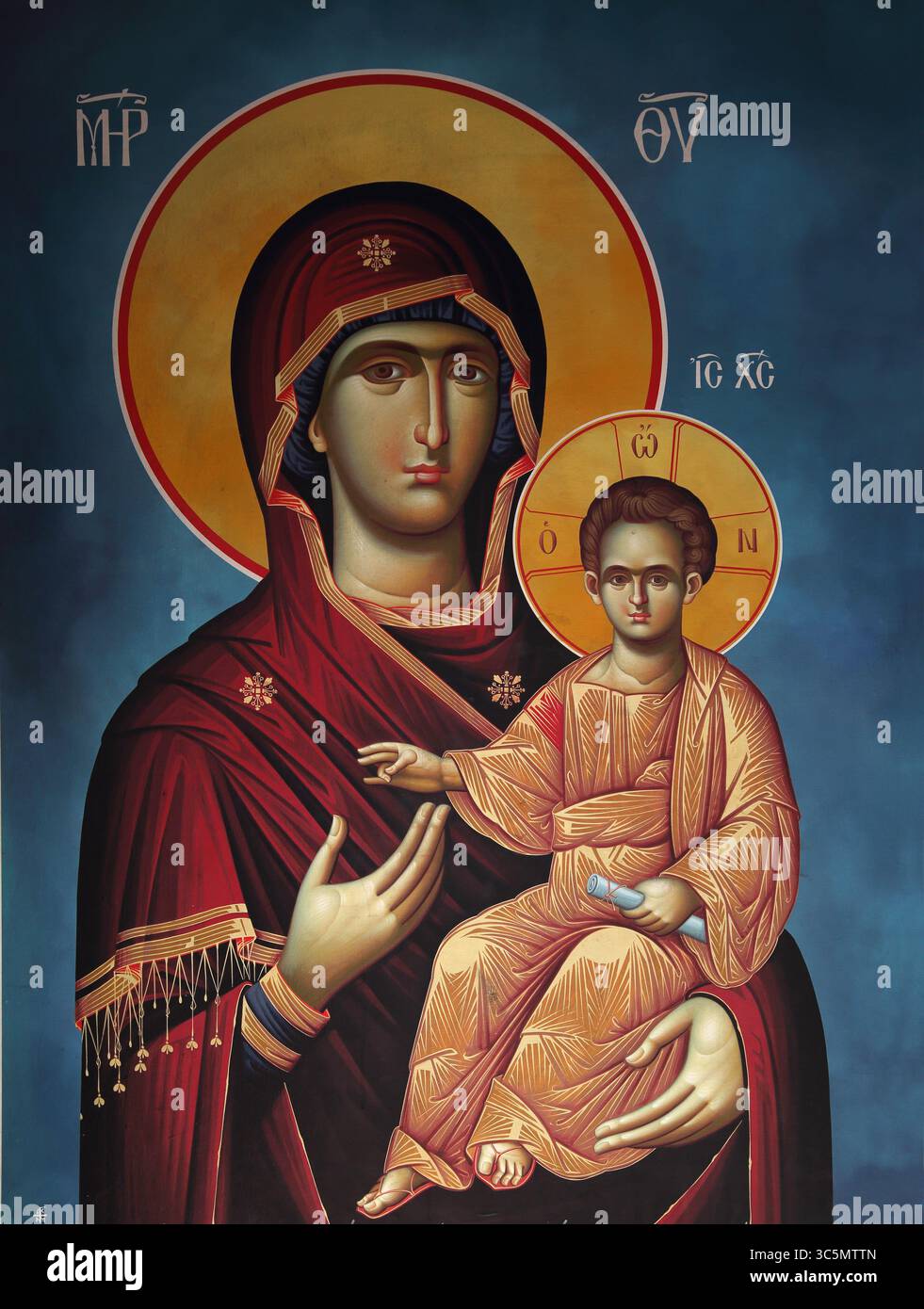 Ikone der Jungfrau Maria und Jesus Christus bei der Himmelfahrt Mariens griechisch-orthodoxe Kirche Voula Griechenland Stockfoto