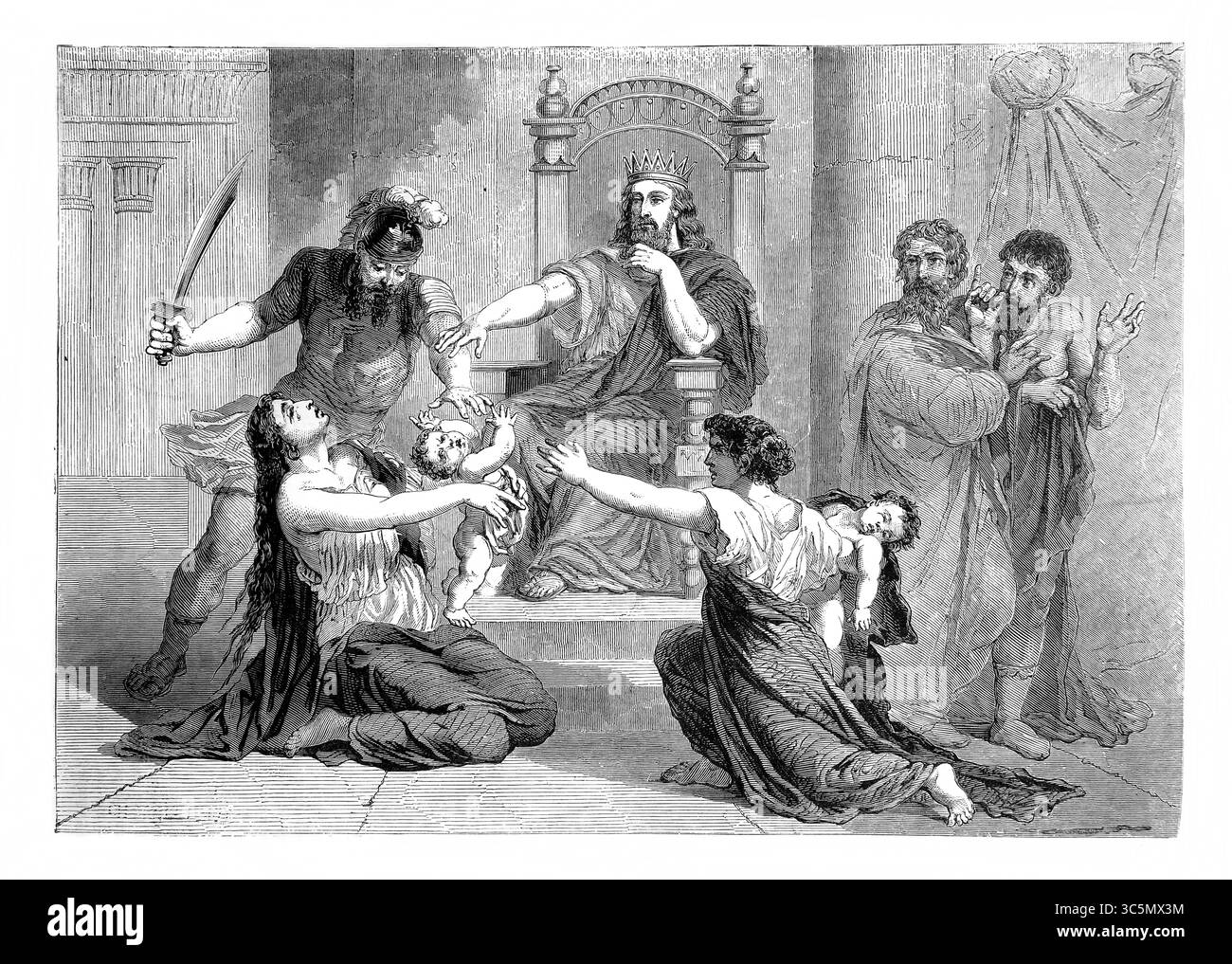 Illustration des Urteils Salomos - zwei Mütter, die im selben Haus lebten, hatten jeweils ein Kind, eines war gestorben und jede Mutter argumentierte, dass sie leben würde Stockfoto