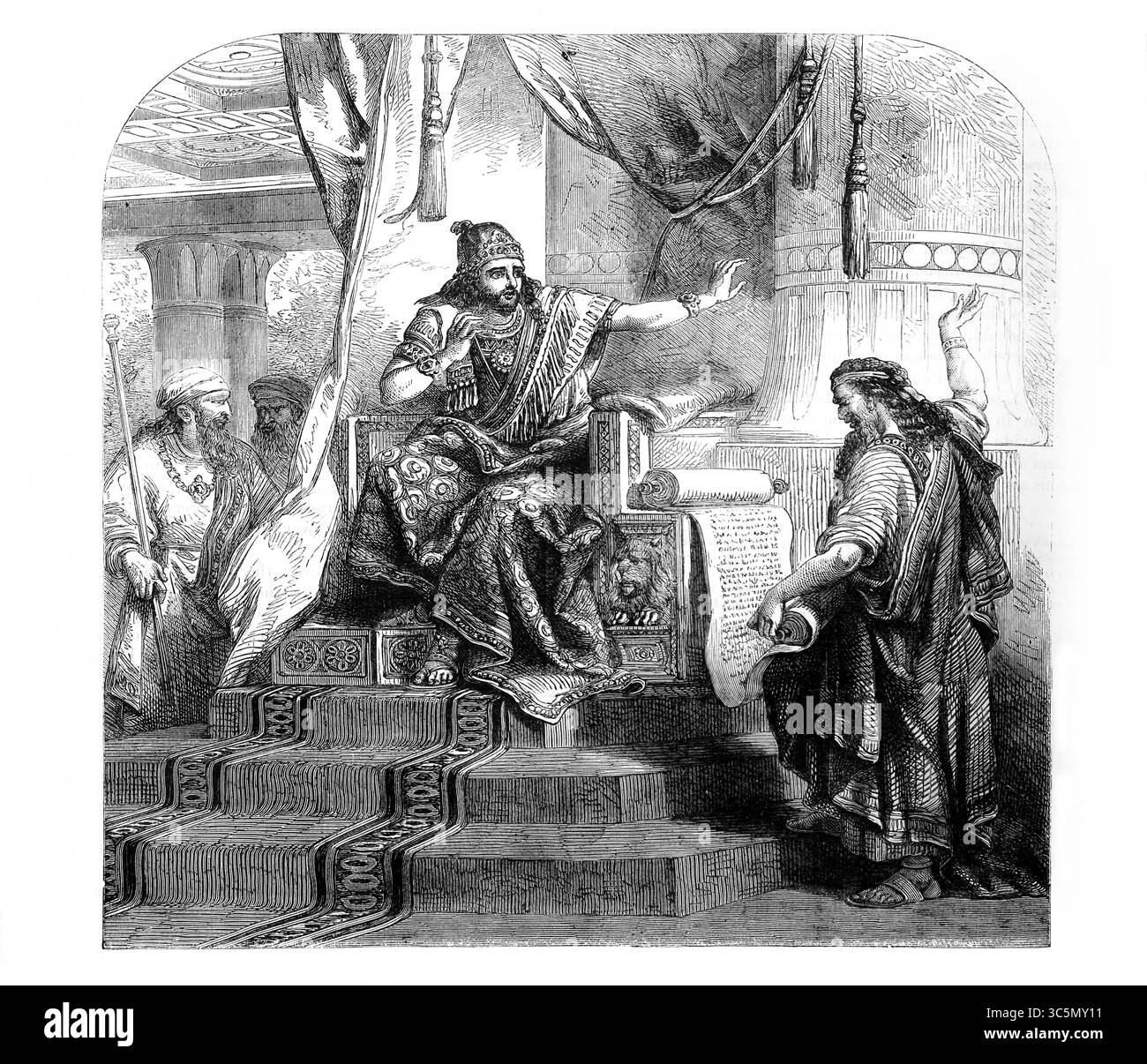 Illustration von Schaphan, der das Buch des Gesetzes vor König Josia liest (Chroniken) aus dem antiken 19. Jahrhundert die Heilige Bibel mit dem Alten und Nen Stockfoto Illustration von Schaphan, der das Buch des Gesetzes vor König Josia liest (Chroniken) aus dem antiken 19. Jahrhundert die Heilige Bibel mit dem Alten und Nen Stockfoto