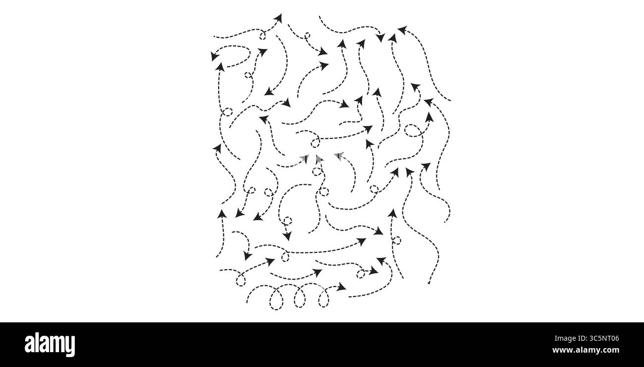 Satz gepunkteter Pfeile. Handgezeichneter gepunkteter Pfeil. Sammlung von schwarzen gestrichelten Pfeilen, gestrichelte Linien mit Richtpfeilen Stock Vektor