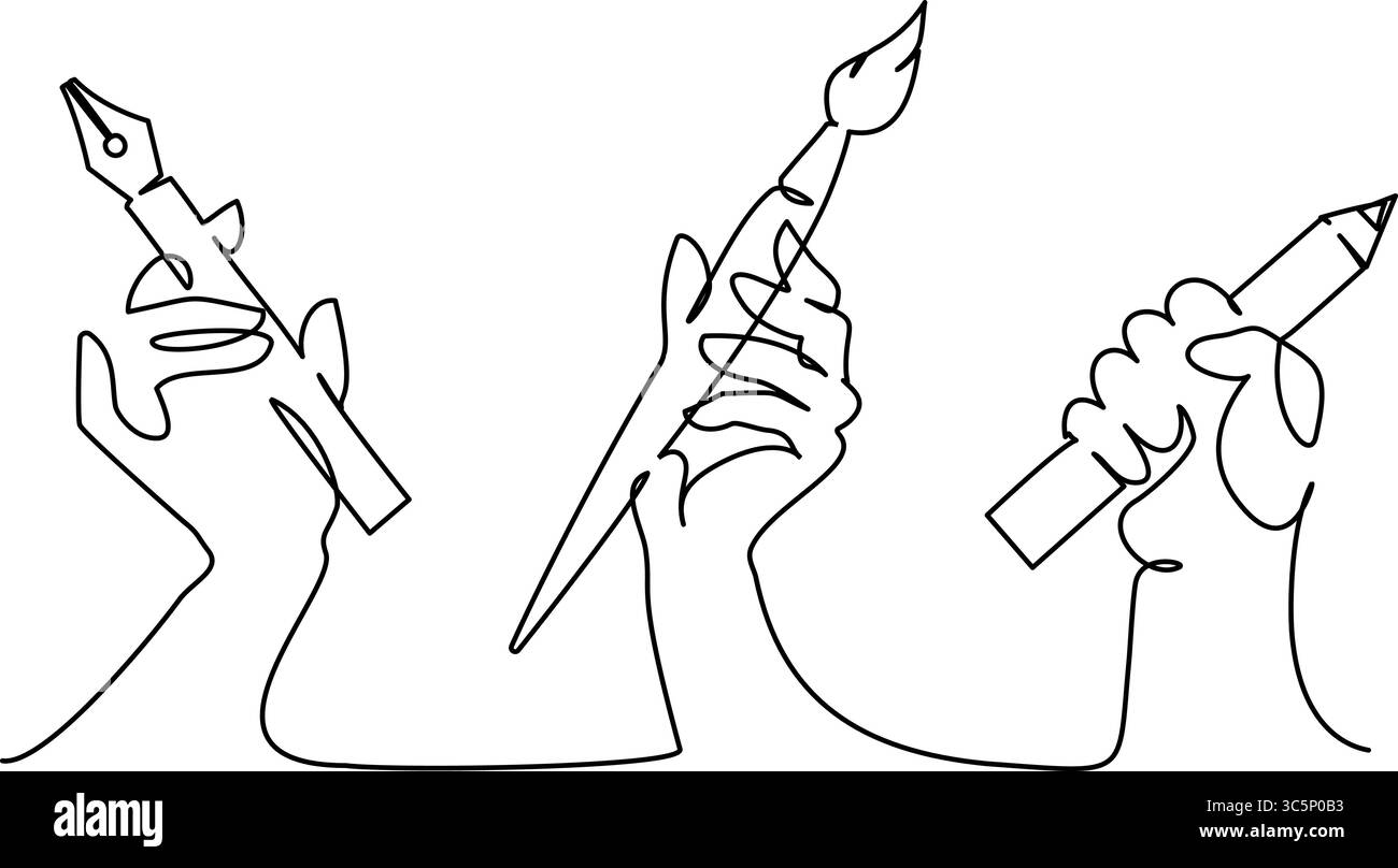 Hände halten Stift, Bleistift und Pinsel. Konzept des kreativen Werkzeugs. Durchgehende einzeilige Zeichnung. Stock Vektor