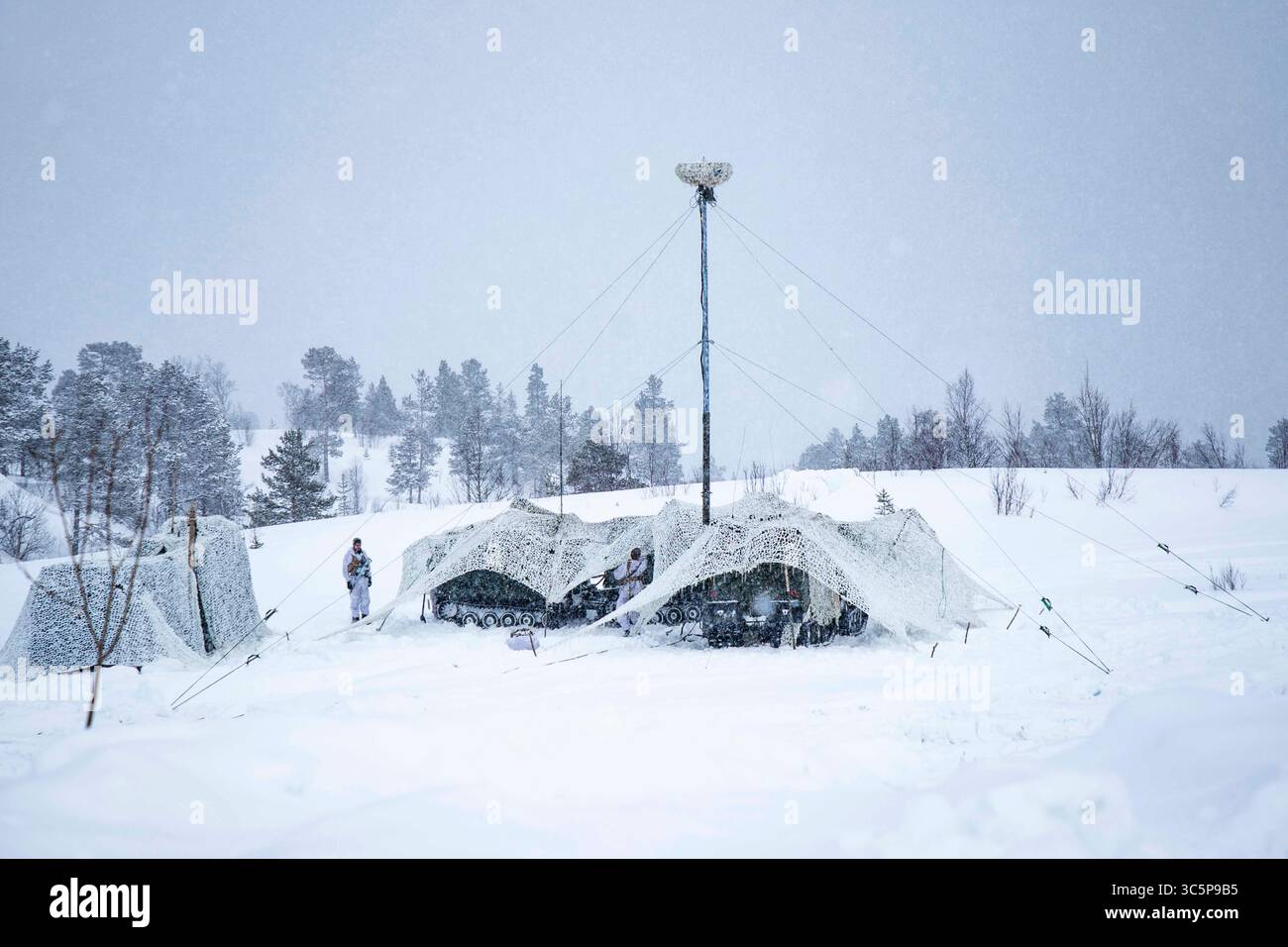 14. März 2020 – Norwegen – die US-Marines, die als Electronic Warfare Support Team (EWST) mit dem 2. Radio Battalion, II Marine Expeditionary Force Information Group, gegründet wurden, stellen am 14. März speziell modifizierte Bandväter mit EW-Ausrüstung zusammen mit norwegischen Armeesoldaten zusammen mit der Electronic Warfare Company, Military Intelligence Battalion, nahe Setermoen, Norwegen. 2020. die EWSTs arbeiten mit Soldaten der Electronic Warfare Company zusammen, um die interoperablen Fähigkeiten der elektronischen Kriegsführung zu verbessern und ein verbündetes Team zu bilden, das unter strengen Bedingungen und in strenger Umgebung operieren kann. (Kreditbild: © U.S. Mari Stockfoto