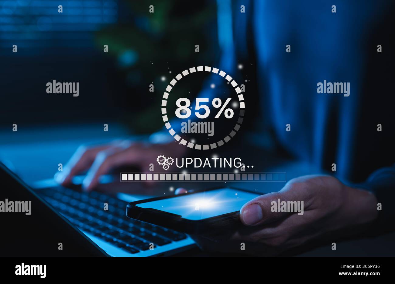 Aktualisierung des Technologiekonzepts für Softwareanwendungen. Software-Update oder Betriebssystem, Patch-Update, Fortschrittsanzeige aktualisieren, App-Patch installieren, Stockfoto