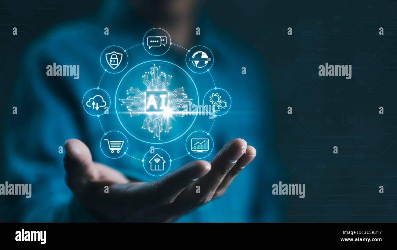Geschäftsmann, der Chip-CPU hält, arbeitet mit KI und künstlicher Intelligenz. Computerverbindung mit informationstechnischer Intelligenz. KI Pro Stockfoto