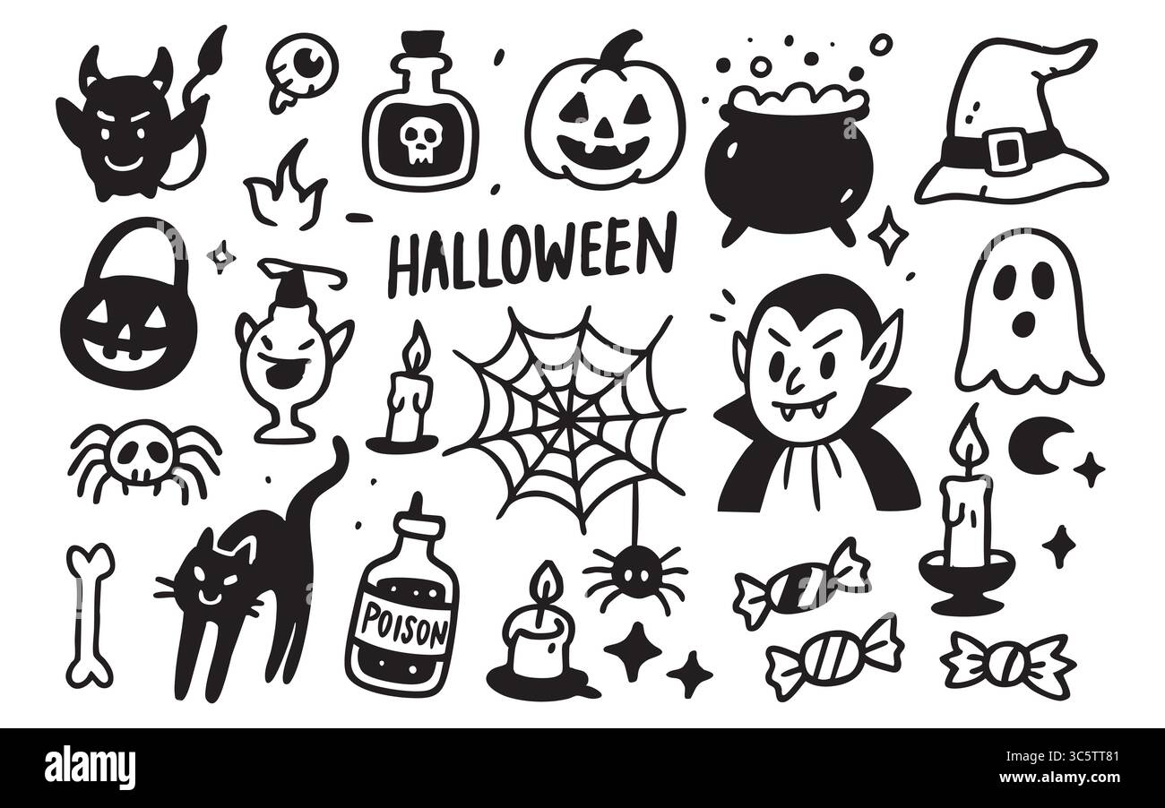 Halloween-Kritzeleien umfassen Vampir, Kürbis und Geister mit Spinnen-, Katzen- und Fledermausillustrationen. Giftflaschen oder Hüte sorgen für gruseligen Spaß für gruselige oder Stock Vektor