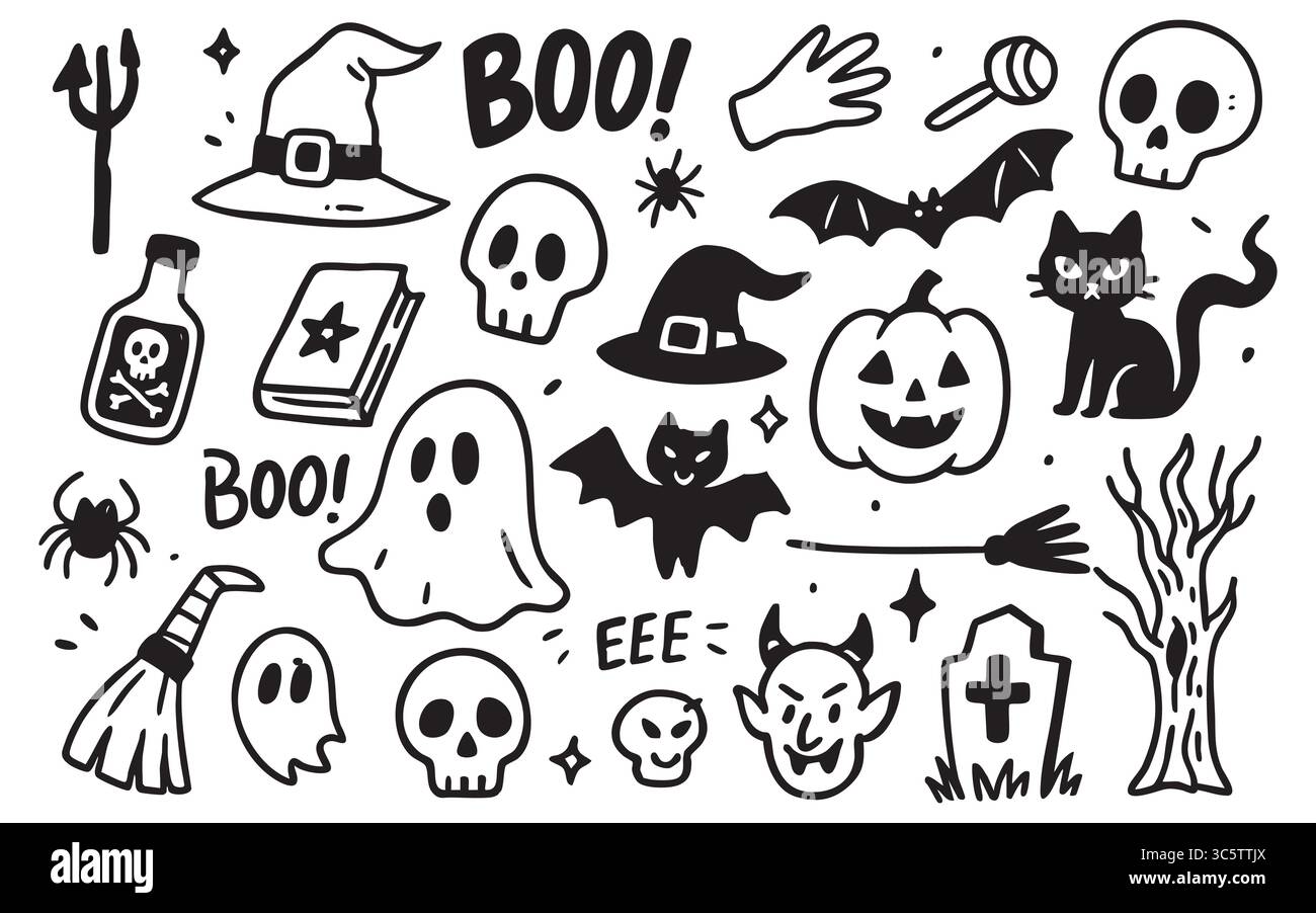 Halloween-Geister- und Schädelzeichnungen werden in diesem gruseligen Set mit Kürbis-, Fledermaus- und Hexenelementen kombiniert. Verwenden Sie Besen, Spukbäume oder Strichgrafiken für Stock Vektor