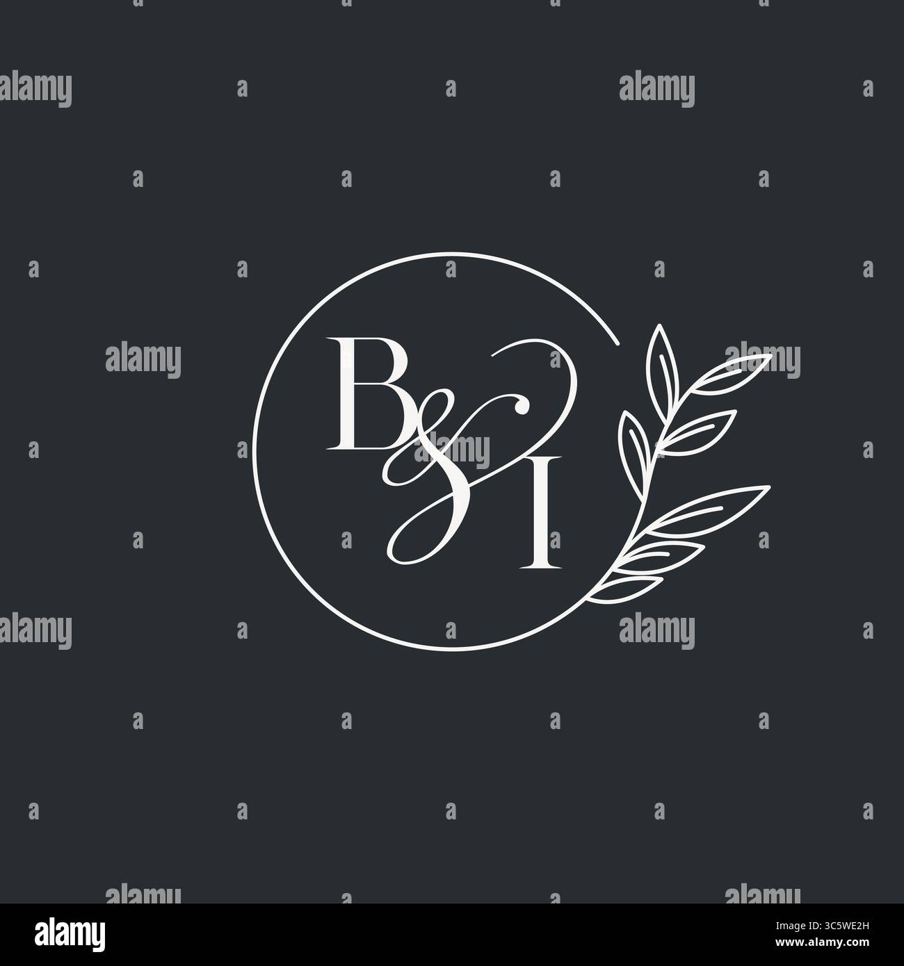 Hochzeitsmonogramm Initial BI Design in einem eleganten und minimalistischen Stil mit kreisförmigen Linien und Blattzweigen Vektorgrafik Stock Vektor