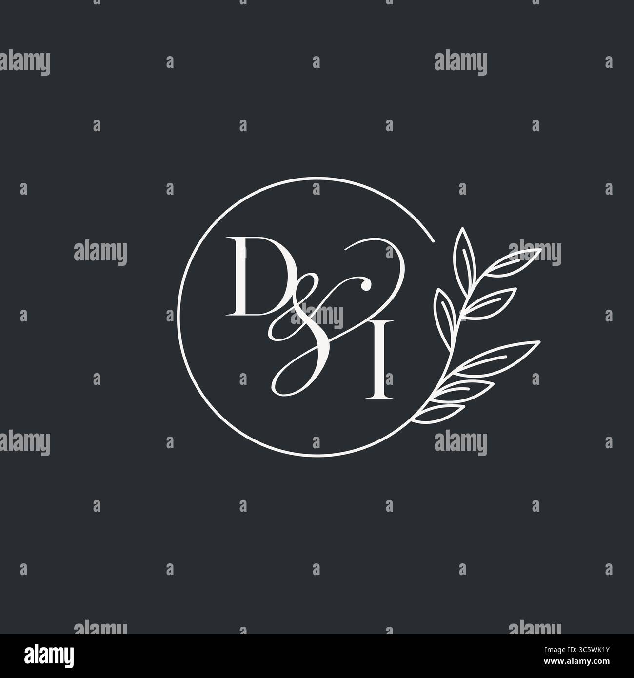 Hochzeitsmonogramm Initial DI Design in einem eleganten und minimalistischen Stil mit kreisförmigen Linien und grünen Ästen Vektorgrafik Stock Vektor