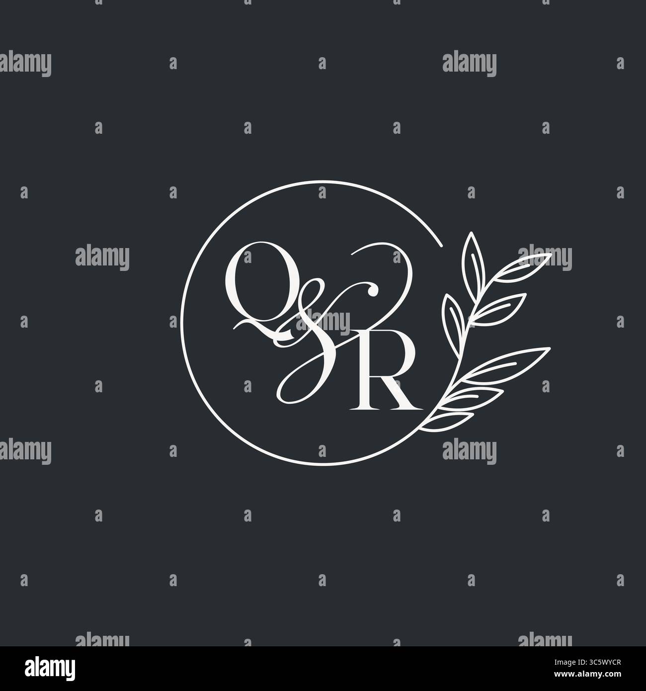 Hochzeitsmonogramm Initial QR Design in einem eleganten und minimalistischen Stil mit kreisförmigen Linien und belaubten Zweigen Vektorgrafik Stock Vektor