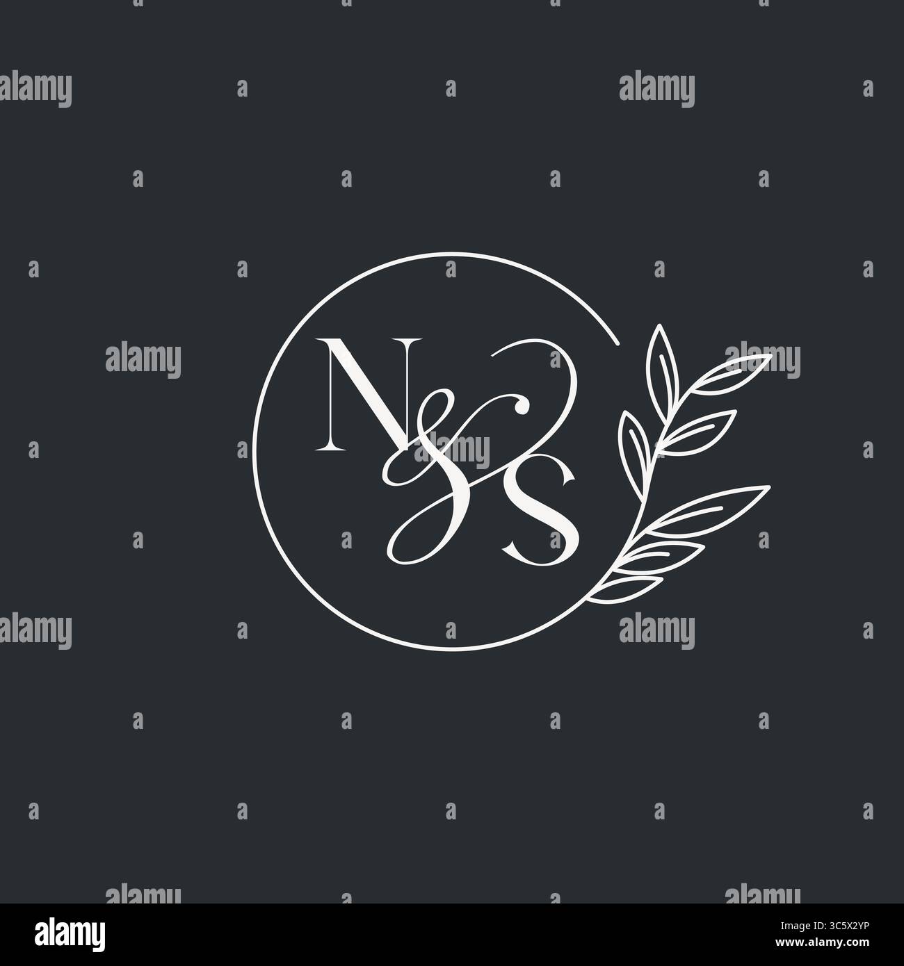 Hochzeitsmonogramm Initial NS Design in einem eleganten und minimalistischen Stil mit kreisförmigen Linien und grünen Ästen Vektorgrafik Stock Vektor