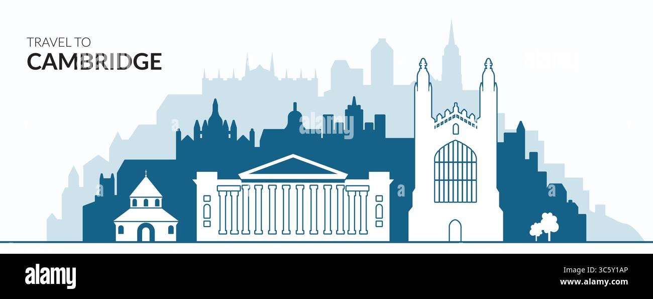 Erkunden Sie den Scenic Travel Guide für Cambridge, der seine berühmten Wahrzeichen und Attraktionen hervorhebt Stock Vektor