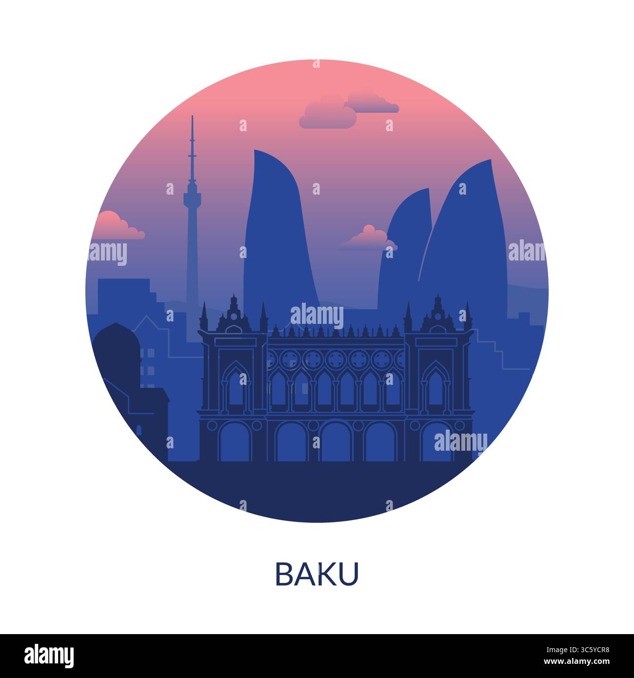 Skyline von Baku in der Abenddämmerung Eine wunderschöne Mischung aus moderner Architektur und historischen Wahrzeichen Stock Vektor