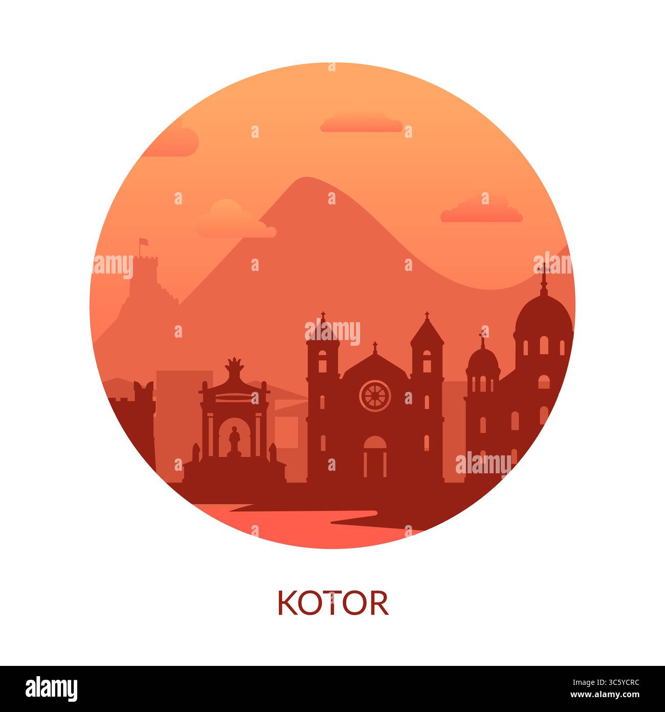 Erleben Sie den wunderschönen Blick auf den Sonnenuntergang von Kotor, Montenegro, Eine wahrhaft malerische Silhouette Stock Vektor