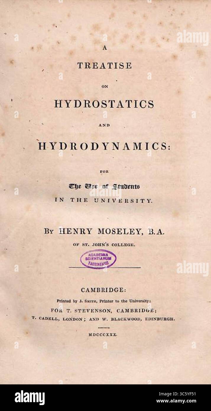 Moseley, Henry – Abhandlung über Hydrostatik und Hydrodynamik, 1830 Stockfoto