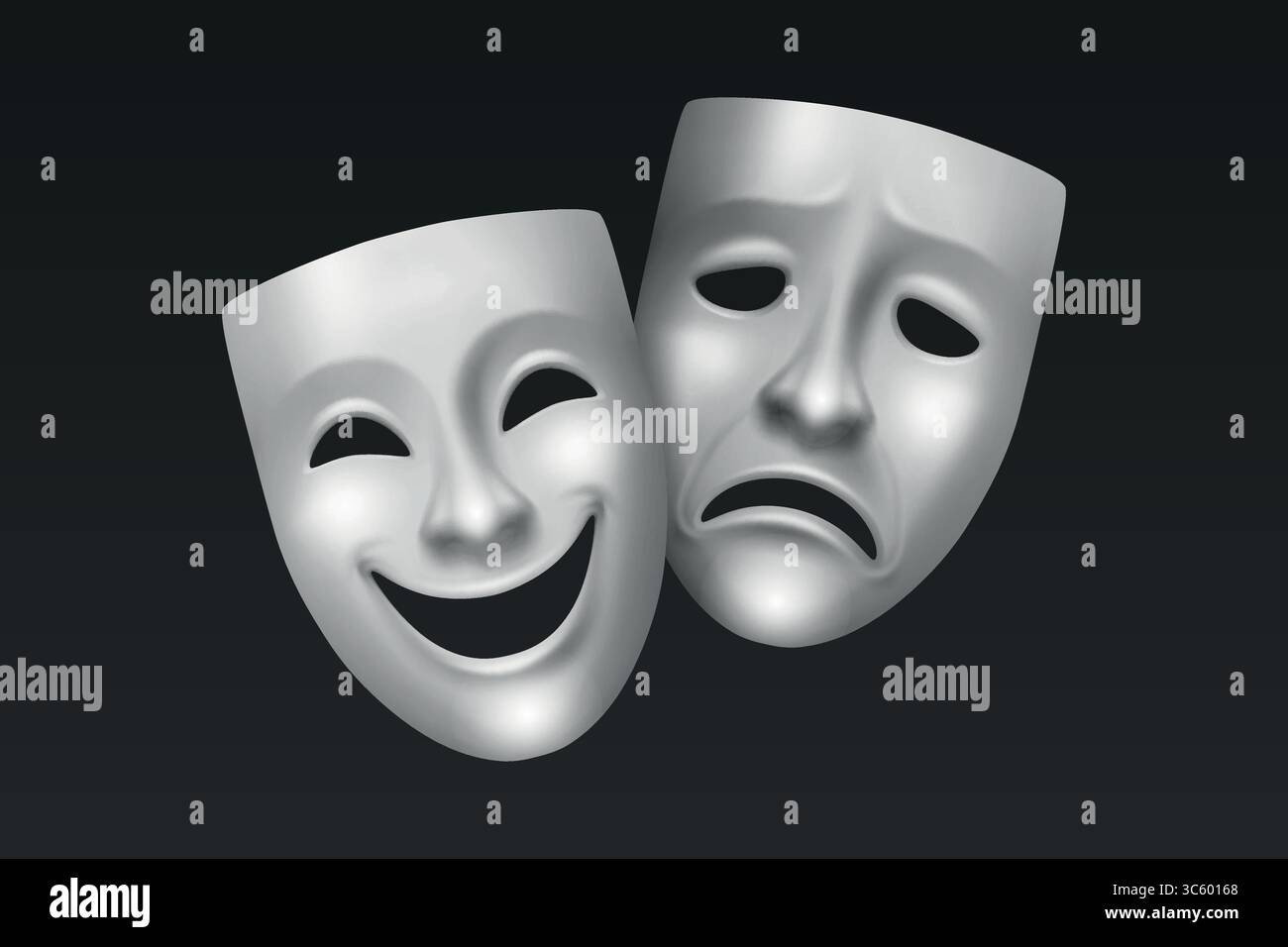 Vector 3D-Theatermasken für Komödie und Tragödie im klassischen griechischen und römischen Stil. Traditionelle Theatermasken für Theater- und Theateraufführungen. Theatermasken Stock Vektor