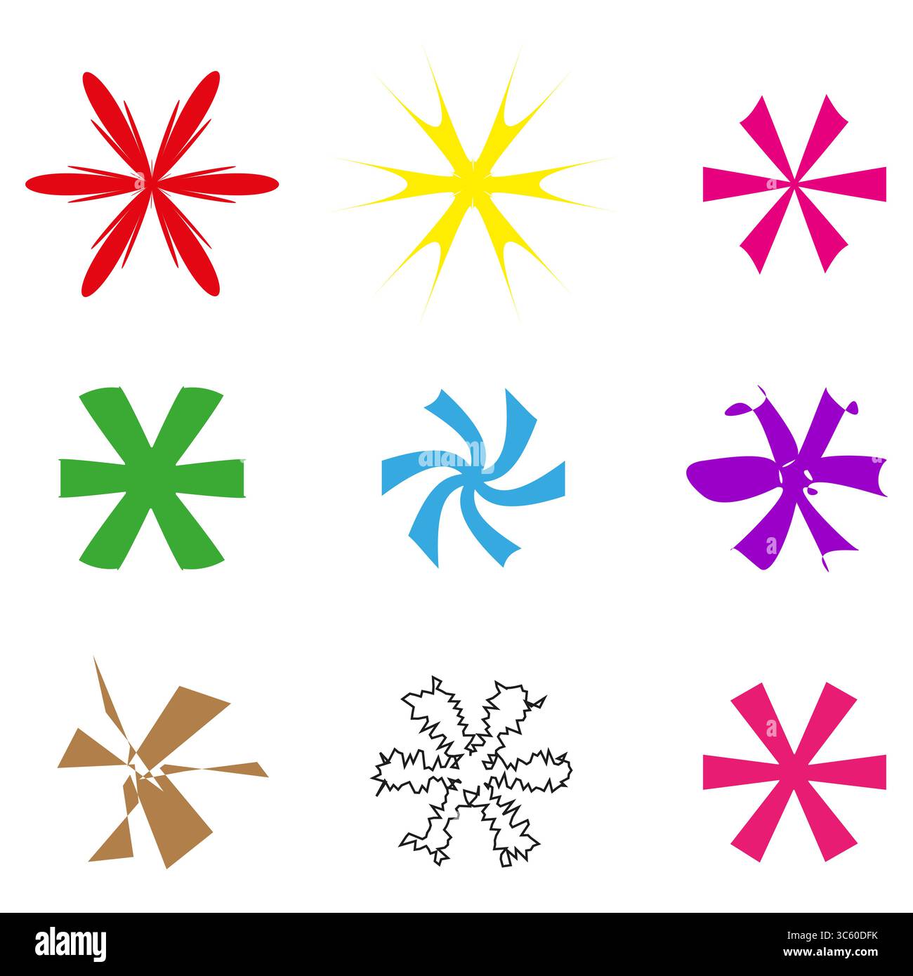 Farbsternsymbol. Helle Burst-Formen. Regenbogenpalette Vektor. Abstraktes Sternenemblem. Stock Vektor