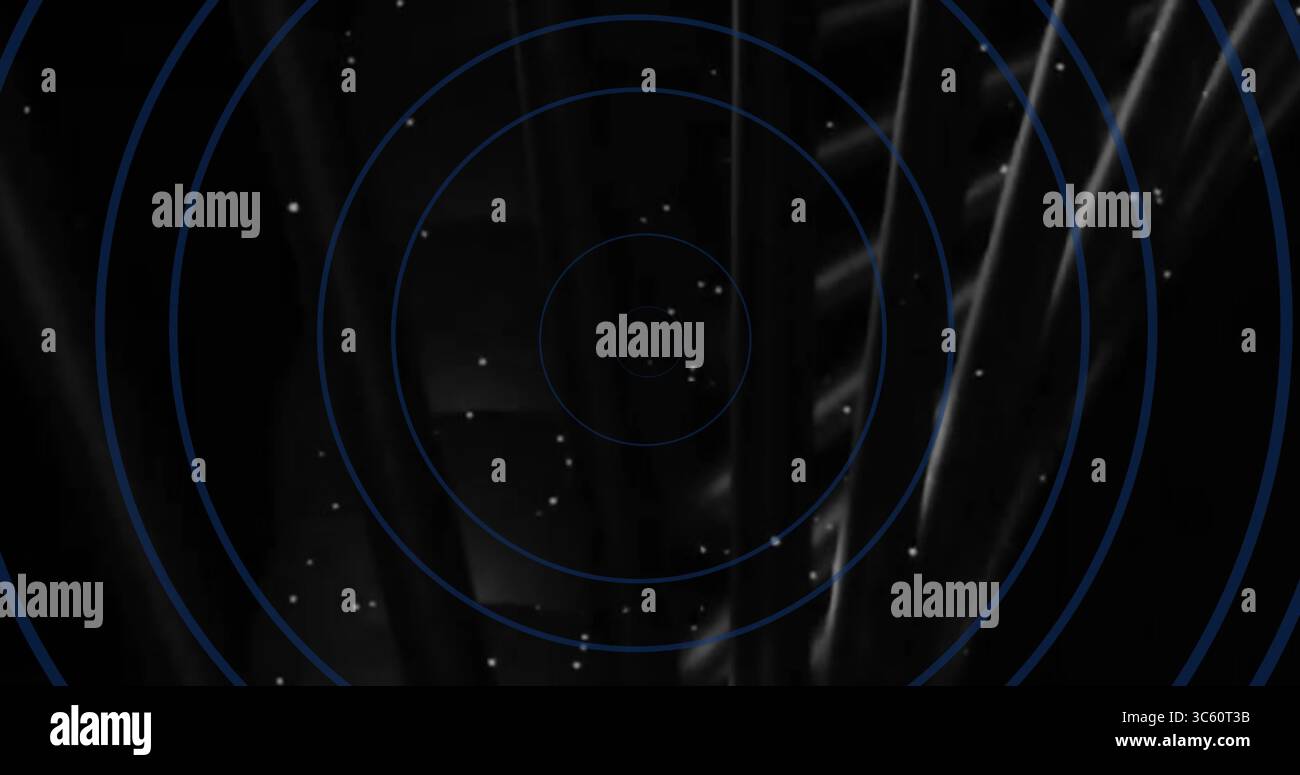 Zeigt konzentrische blaue Kreise, die werkseitig über Metallrohren schweben, mit abdriftenden weißen Partikeln Stockfoto