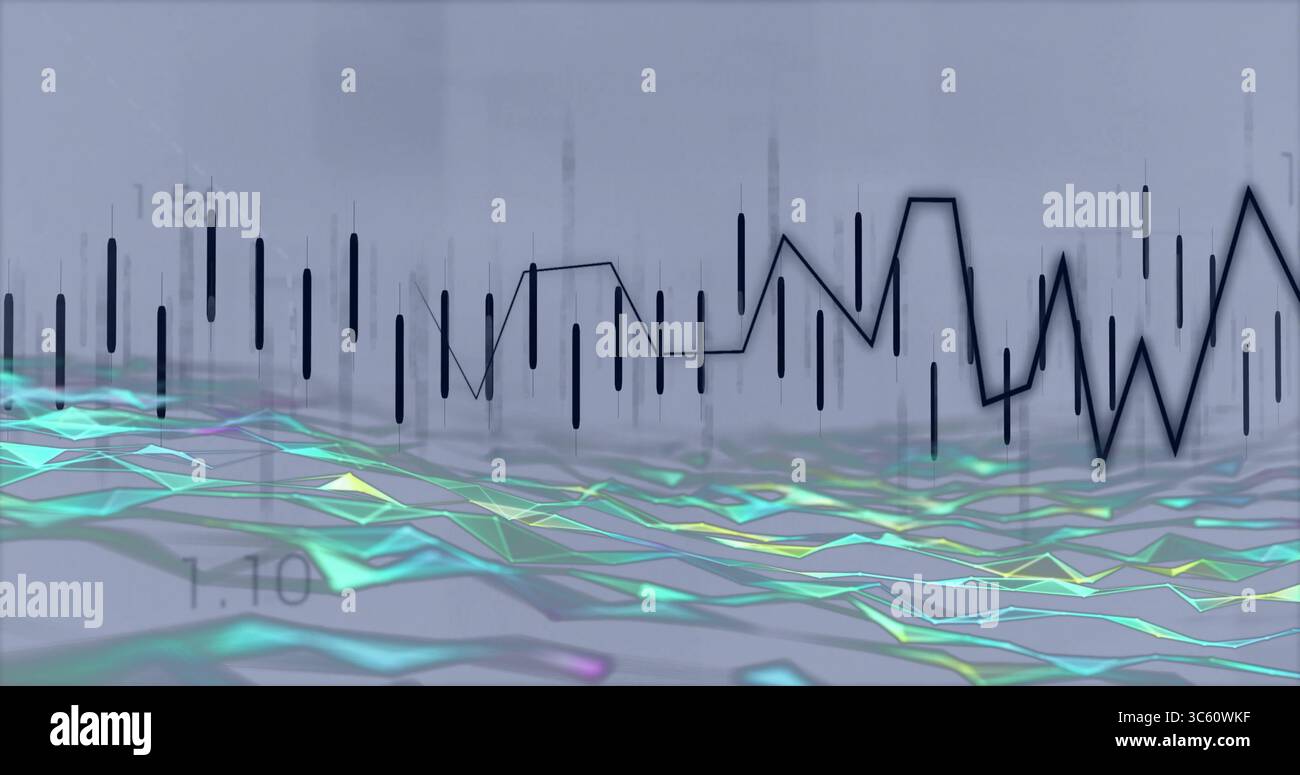 Rendering der Datenvisualisierung in digitaler 3D-Umgebung mit Netz und schwarzen Balken- und Liniendiagrammen Stockfoto