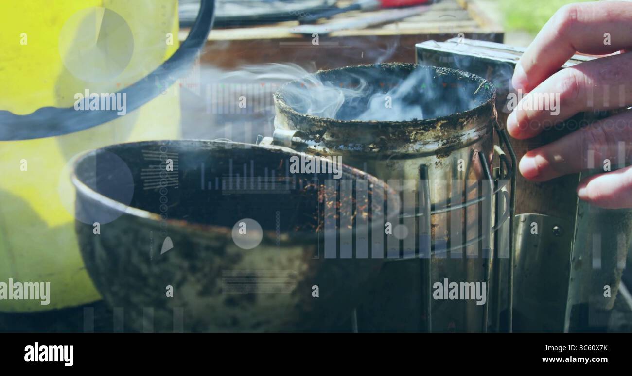 Imker's Hand packt rauchenden Metallraucher auf der Bank im Garten, mit gelbem Eimer und Schüssel Stockfoto
