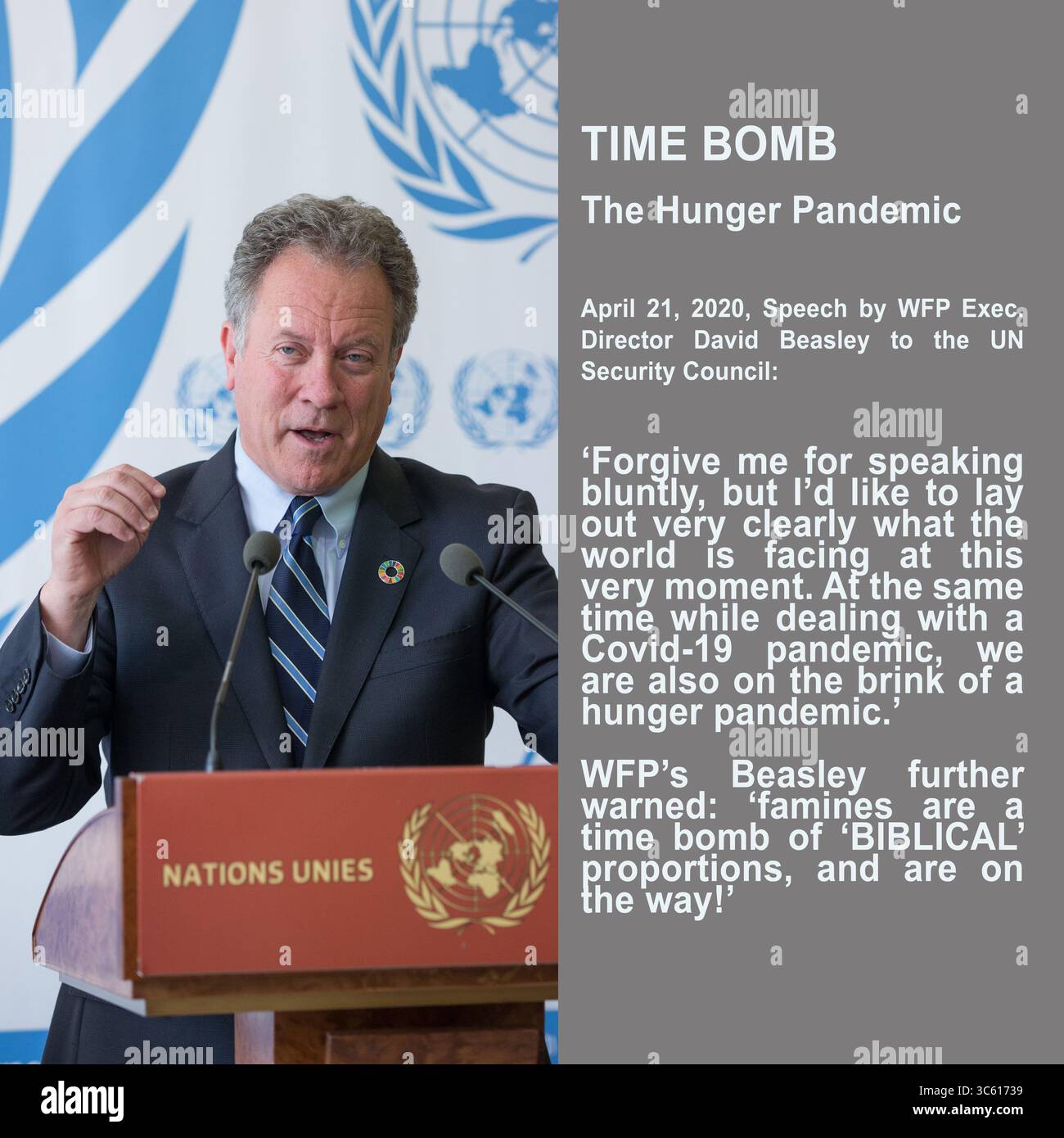 21. April 2020: DAVID BEASLEY, Direktor des WFP (Welternährungsprogramm), 63, Survivor des Coronavirus, sprach vor dem Sicherheitsrat der Vereinten Nationen: "Verzeihen Sie mir, dass ich offen spreche, aber ich möchte Ihnen sehr klar darlegen, was die Welt in diesem Moment vor sich hat. Gleichzeitig stehen wir, während wir mit einer COVID-19-Pandemie zu kämpfen haben, auch am Rande einer Hungerpandemie.“ Warnung, dass weltweite Hungersnöte eine Zeitbombe "BIBLISCHEN" Ausmaßes sind und auf dem Weg sind! FILE PICTURE SHOT 15. Mai 2017 Genf, Schweiz: DAVID BEASLEY, spricht auf einer Pressekonferenz in Genf. (Kreditbild: © X Stockfoto